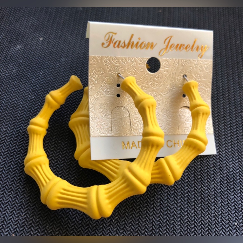 Fashion Jewelry Bright Yellow Bamboo-Style Hoop Earrings